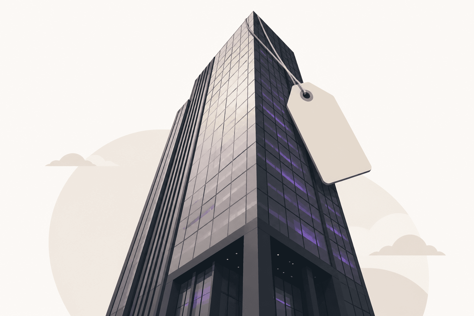 A looming corporate skyscraper with a large price tag hanging off it