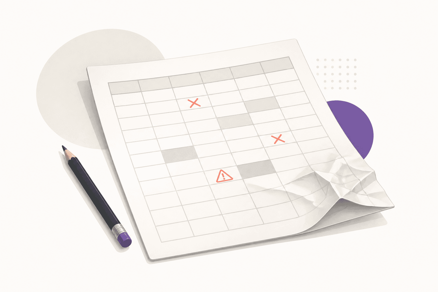 A crumpled spreadsheet with error marks in its cells